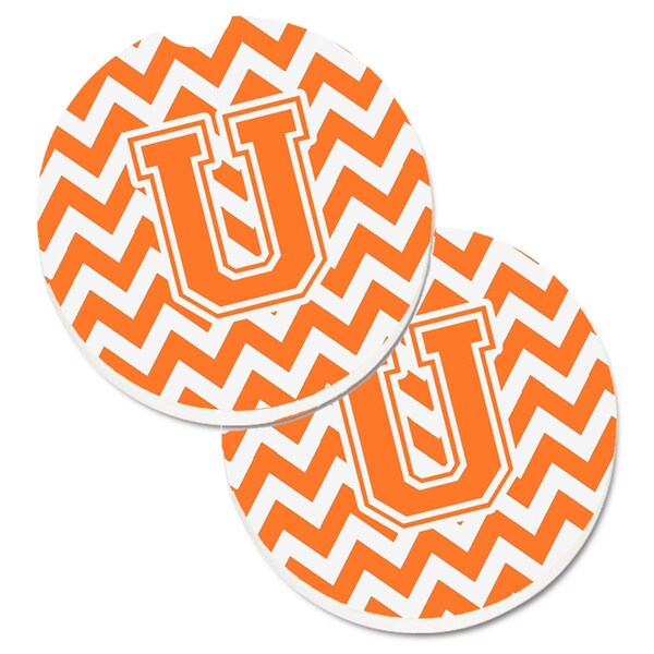Carolines Treasures Letter U Chevron Orange and White Set of 2 Cup Holder Car Coaster CJ1046-UCARC - main